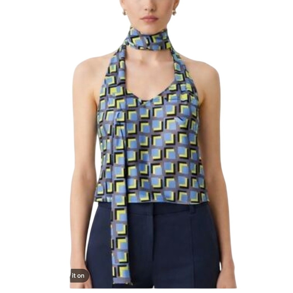 Wildfang Geometric Print Halter Top Blue Yellow Square Scarf Neck Blouse Medium‎